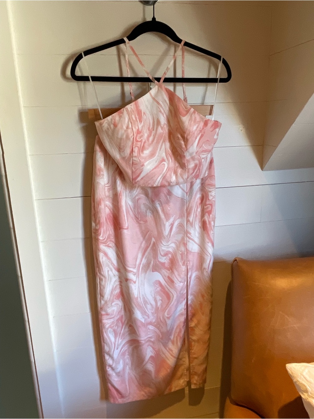 Pink Marble-Print Halter Midi Dress